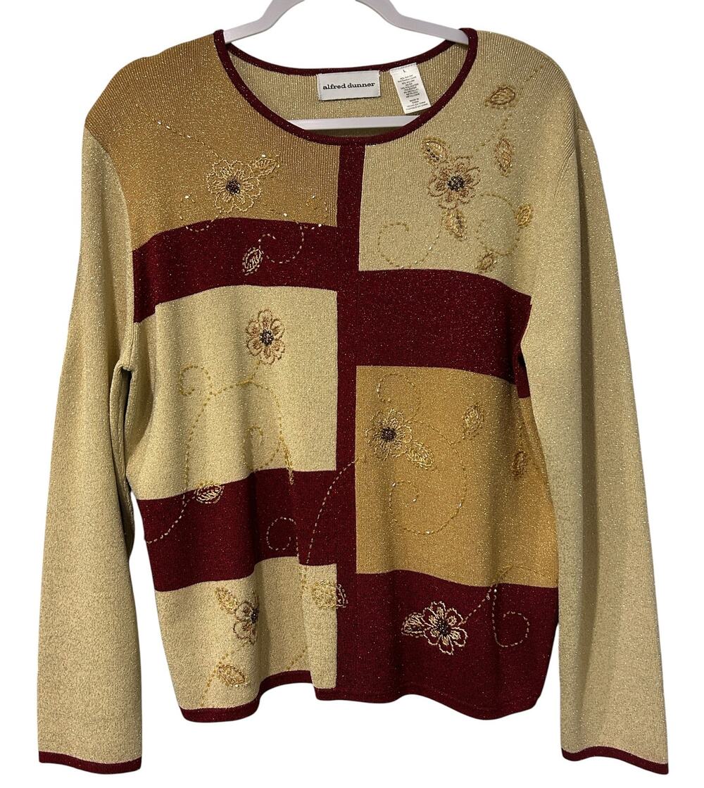 Alfred Dunner Metallic Gold Burgundy Beaded Floral Sweater Grannycore LG Artsy
